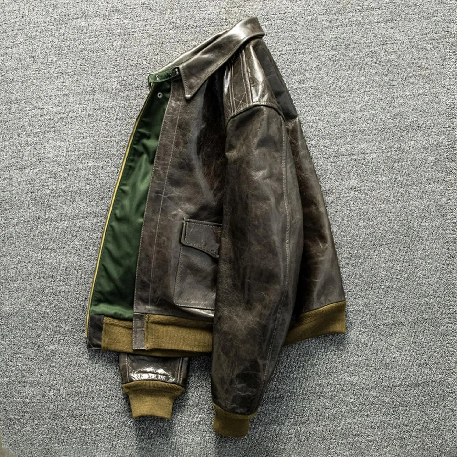 Mens Olive Green Pilot Leather Jacket Military Style Aviation Genuine Leather Coat