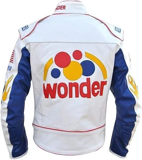 Men's Ricky Bobby Wonder Racing Nights The Bread Speed White Leather Motorcycle Jacket
