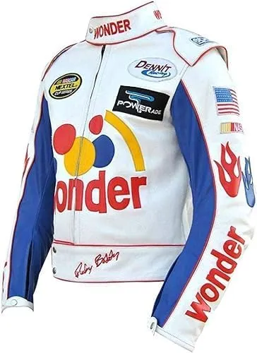 Men's Ricky Bobby Wonder Racing Nights The Bread Speed White Leather Motorcycle Jacket