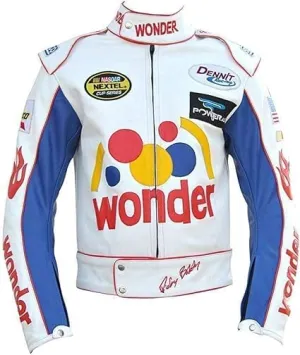 Men's Ricky Bobby Wonder Racing Nights The Bread Speed White Leather Motorcycle Jacket