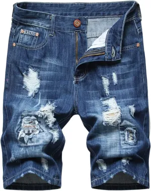 Men's Shorts 7 Inch Inseam Classic Fit Com t Flex Ripped Jean Shorts Fashion Buckle Zipper Utility Denim Shorts