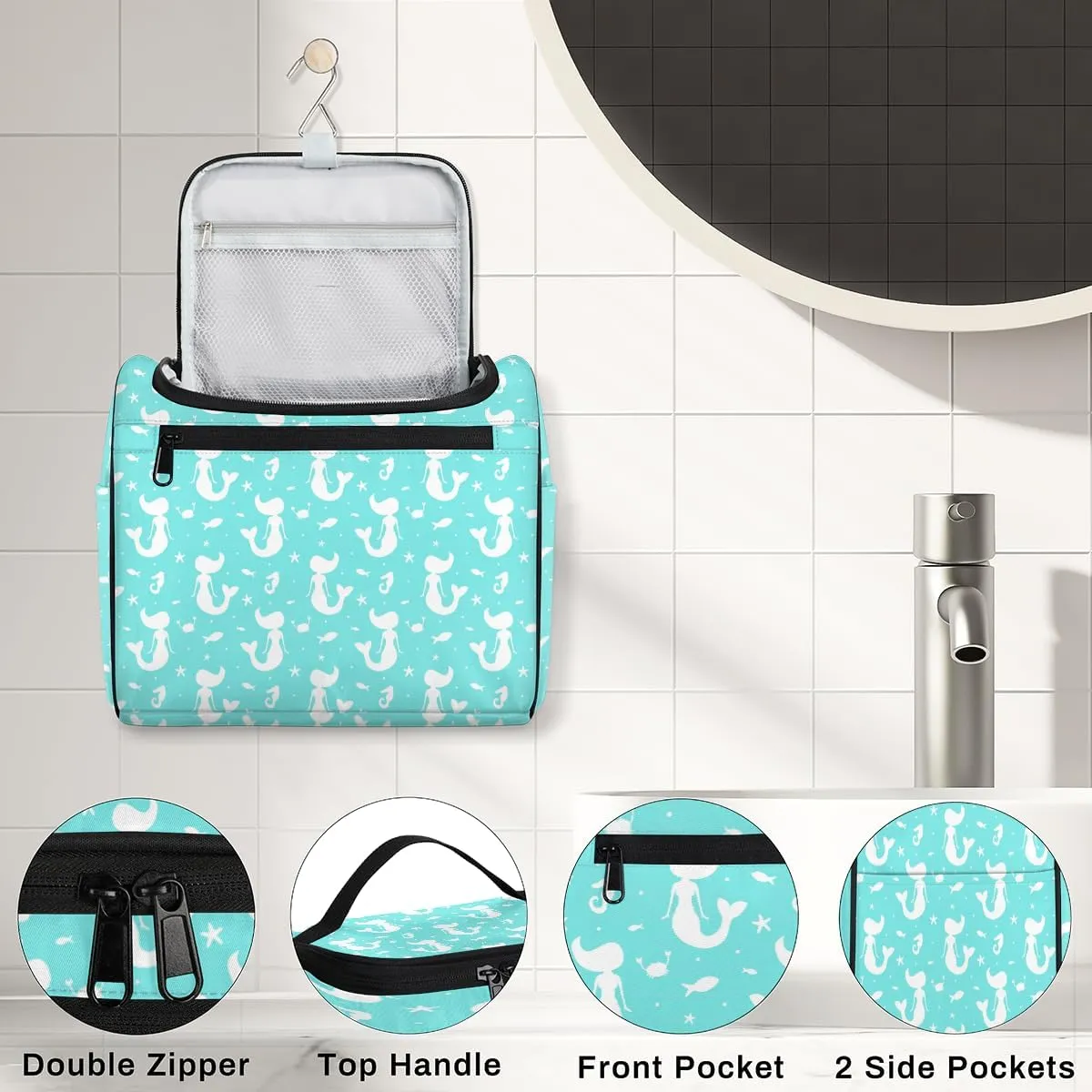 Mermaid Fish Large Travel Toiletry Bag for Women, Travel Organizer for Toiletries, Waterproof Makeup Cosmetic Bag with Handle