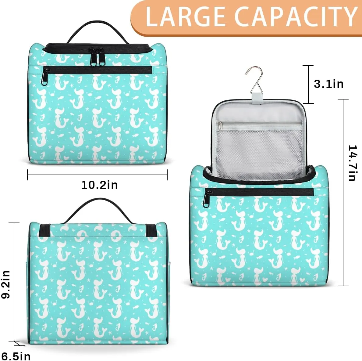 Mermaid Fish Large Travel Toiletry Bag for Women, Travel Organizer for Toiletries, Waterproof Makeup Cosmetic Bag with Handle