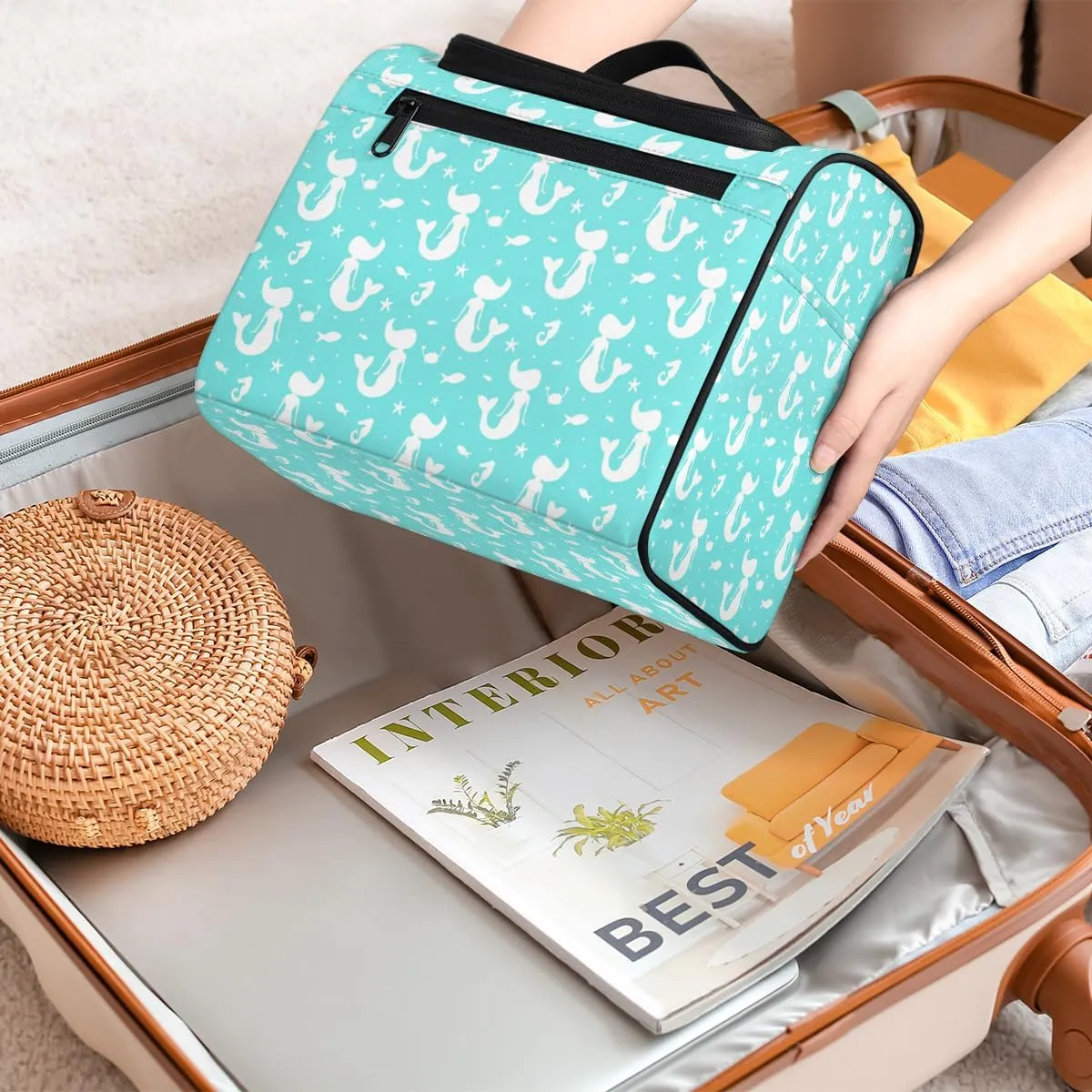Mermaid Fish Large Travel Toiletry Bag for Women, Travel Organizer for Toiletries, Waterproof Makeup Cosmetic Bag with Handle