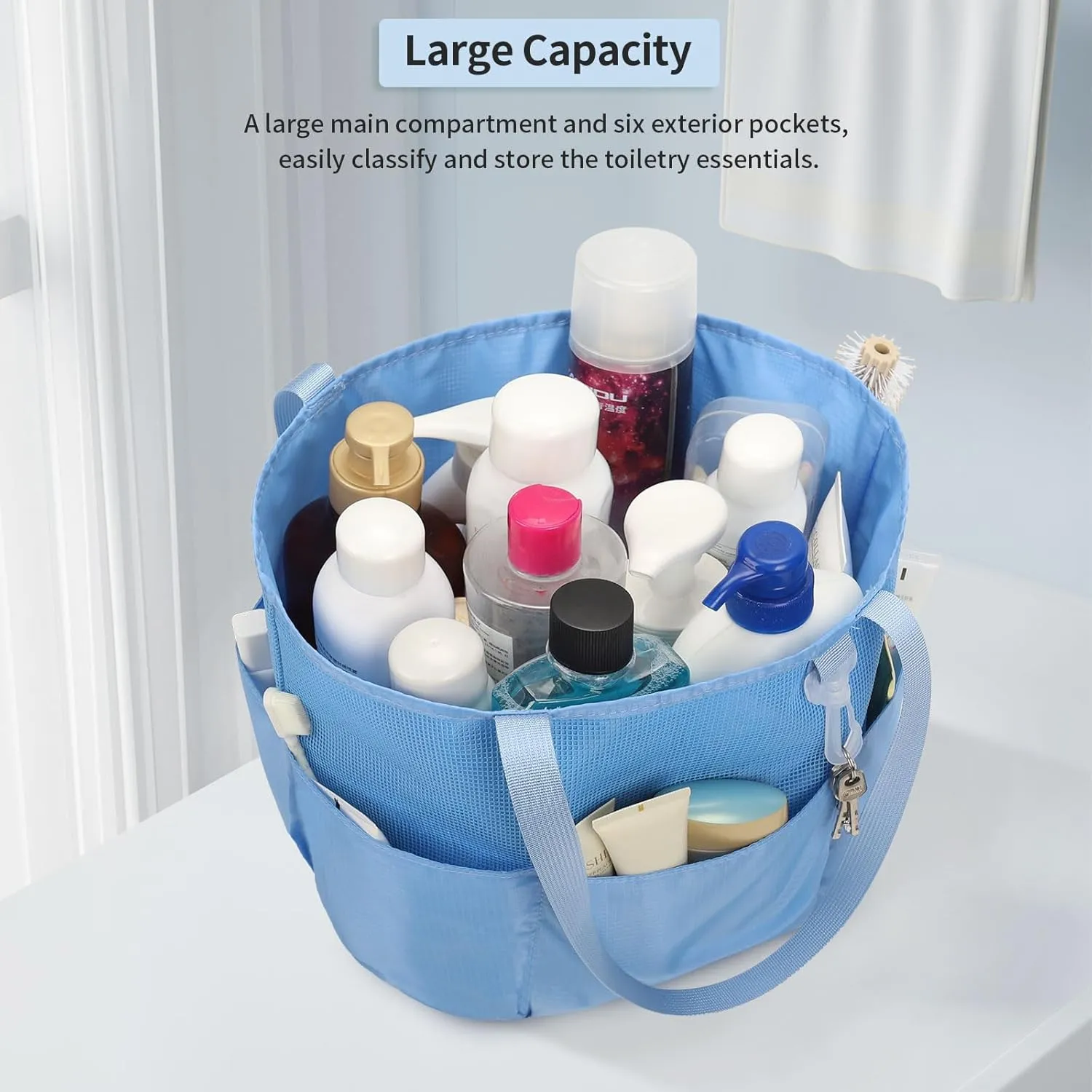 Mesh Shower Caddy Portable, Travel Toiletry Bag for Women Men, Large Capacity Shower Bag Quick Dry Bathroom Bag for Dorm, Gym, Bathroom, Camping, Beach, Swimming, Traveling, Blue