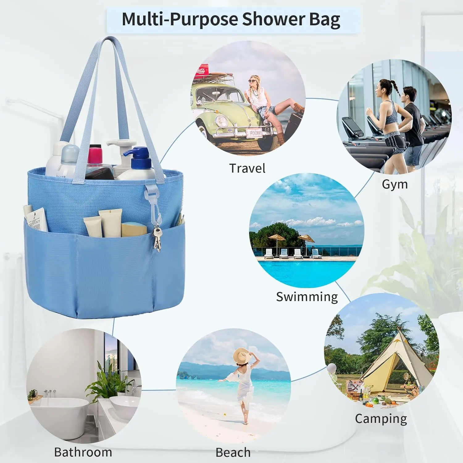 Mesh Shower Caddy Portable, Travel Toiletry Bag for Women Men, Large Capacity Shower Bag Quick Dry Bathroom Bag for Dorm, Gym, Bathroom, Camping, Beach, Swimming, Traveling, Blue