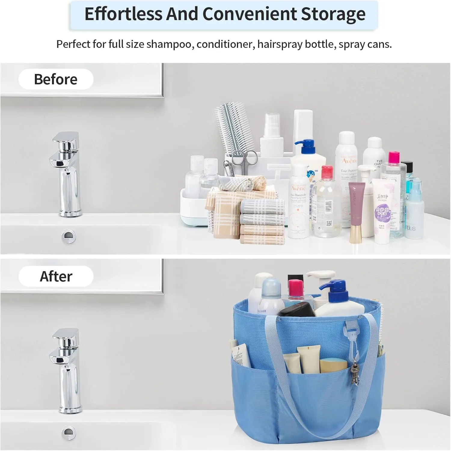 Mesh Shower Caddy Portable, Travel Toiletry Bag for Women Men, Large Capacity Shower Bag Quick Dry Bathroom Bag for Dorm, Gym, Bathroom, Camping, Beach, Swimming, Traveling, Blue