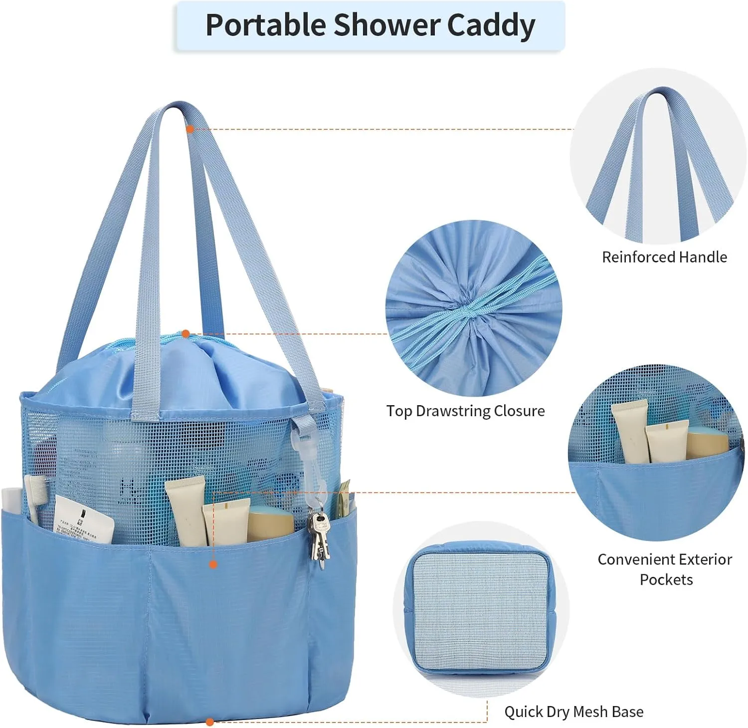 Mesh Shower Caddy Portable, Travel Toiletry Bag for Women Men, Large Capacity Shower Bag Quick Dry Bathroom Bag for Dorm, Gym, Bathroom, Camping, Beach, Swimming, Traveling, Blue