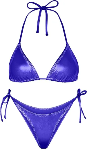 Metallic String Bikini for Women - Sexy Beach Glitter Swimsuits Bathing Suit Triangle Tops Side Tie Thong Bottom Set