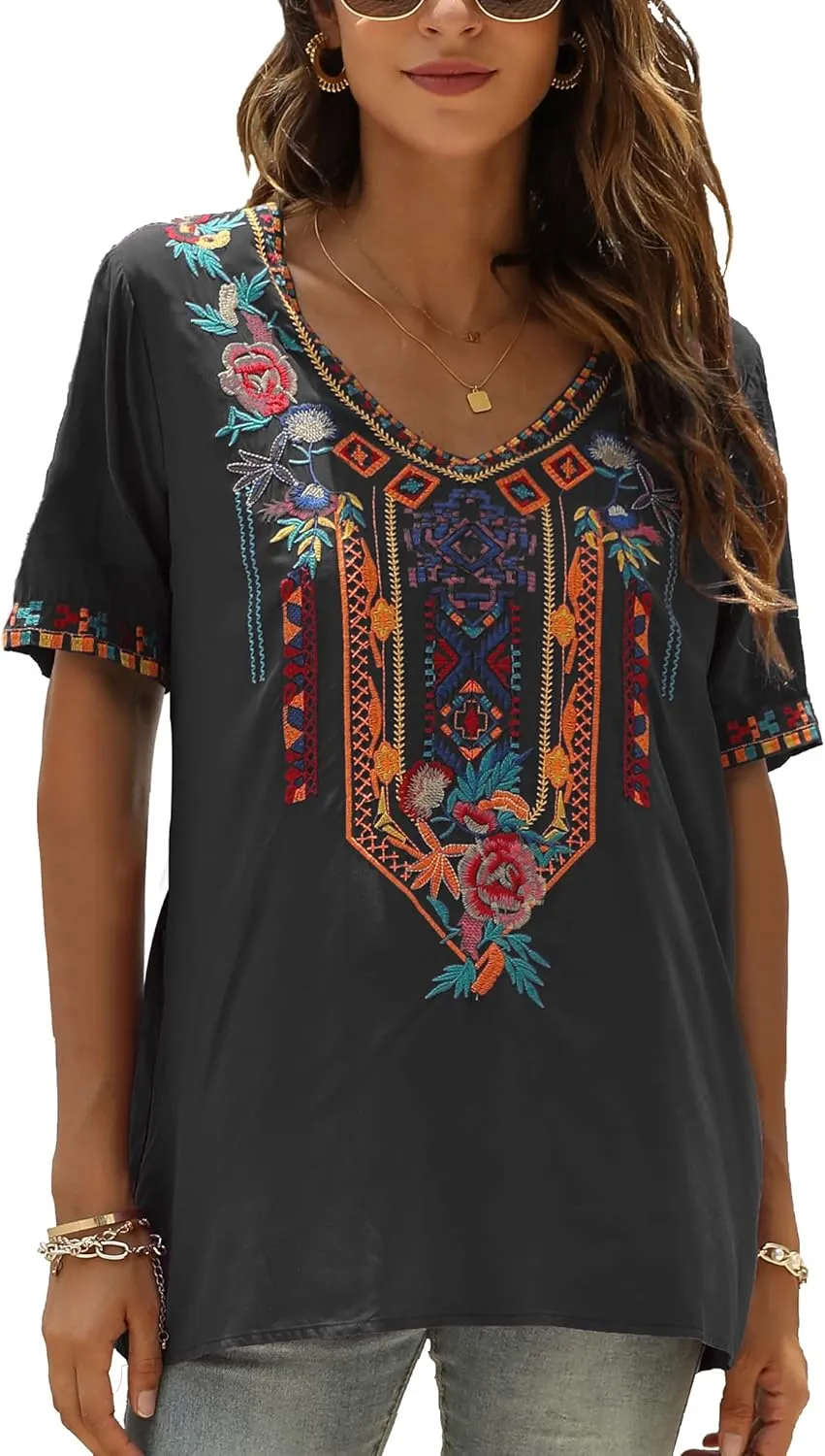 Mexican Embroidered Tops for Women Summer Short Sleeve Boho Shirts Peasant Blouses, Loose Fitting Bohemian Top Hippie Clothes