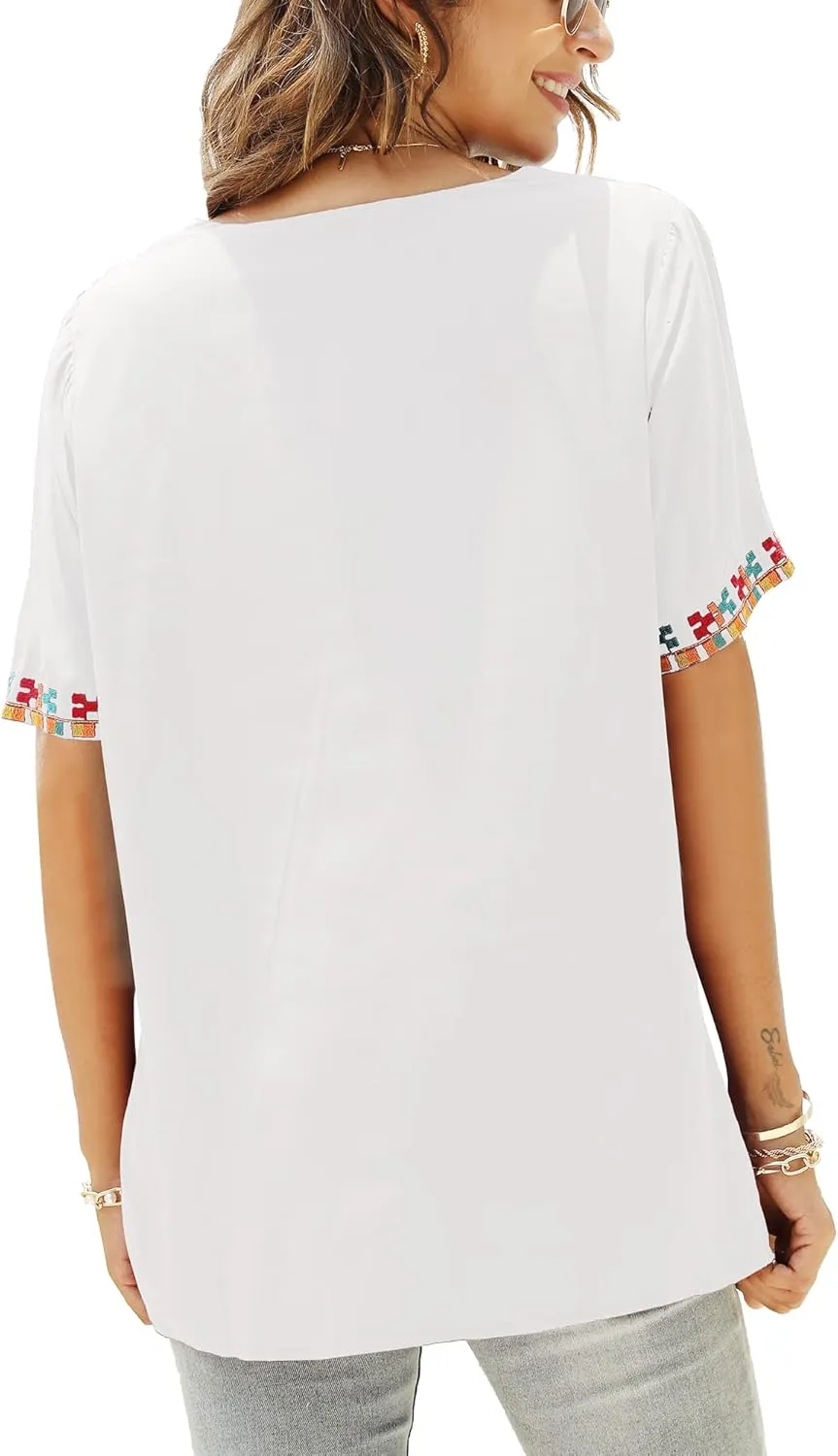 Mexican Embroidered Tops for Women Summer Short Sleeve Boho Shirts Peasant Blouses, Loose Fitting Bohemian Top Hippie Clothes