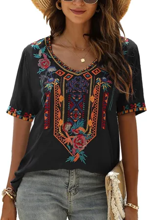 Mexican Embroidered Tops for Women Summer Short Sleeve Boho Shirts Peasant Blouses, Loose Fitting Bohemian Top Hippie Clothes