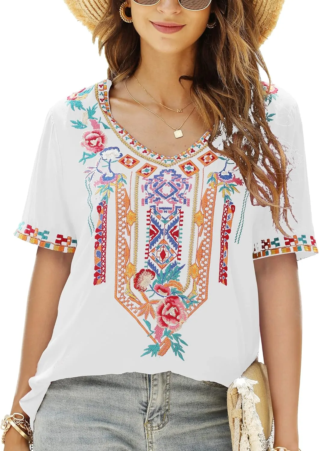 Mexican Embroidered Tops for Women Summer Short Sleeve Boho Shirts Peasant Blouses, Loose Fitting Bohemian Top Hippie Clothes