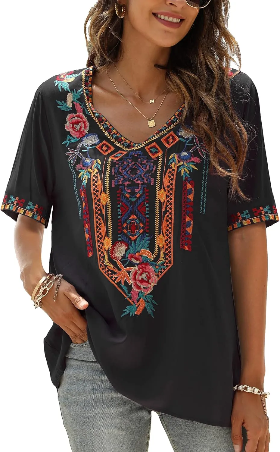 Mexican Embroidered Tops for Women Summer Short Sleeve Boho Shirts Peasant Blouses, Loose Fitting Bohemian Top Hippie Clothes