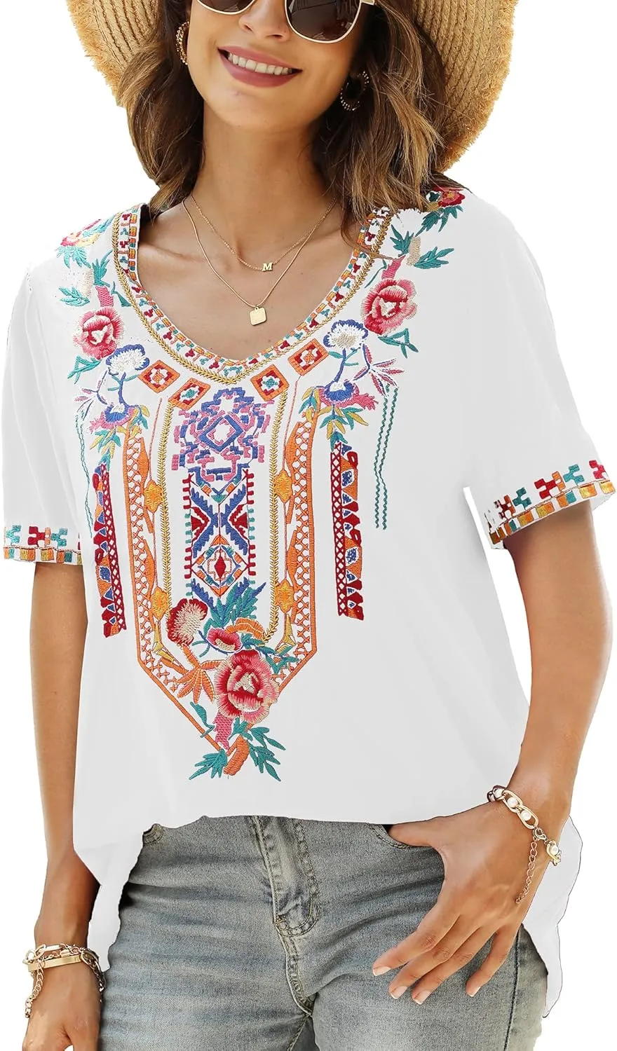 Mexican Embroidered Tops for Women Summer Short Sleeve Boho Shirts Peasant Blouses, Loose Fitting Bohemian Top Hippie Clothes
