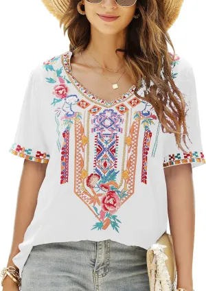Mexican Embroidered Tops for Women Summer Short Sleeve Boho Shirts Peasant Blouses, Loose Fitting Bohemian Top Hippie Clothes
