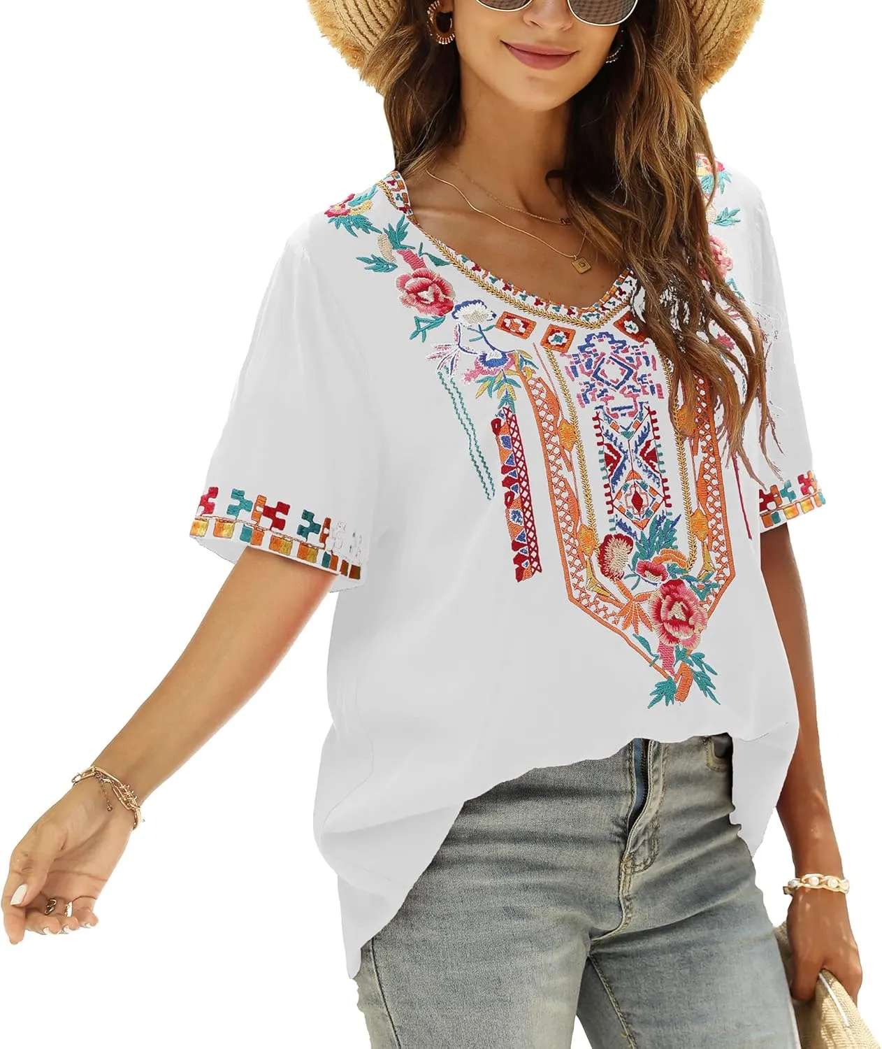 Mexican Embroidered Tops for Women Summer Short Sleeve Boho Shirts Peasant Blouses, Loose Fitting Bohemian Top Hippie Clothes