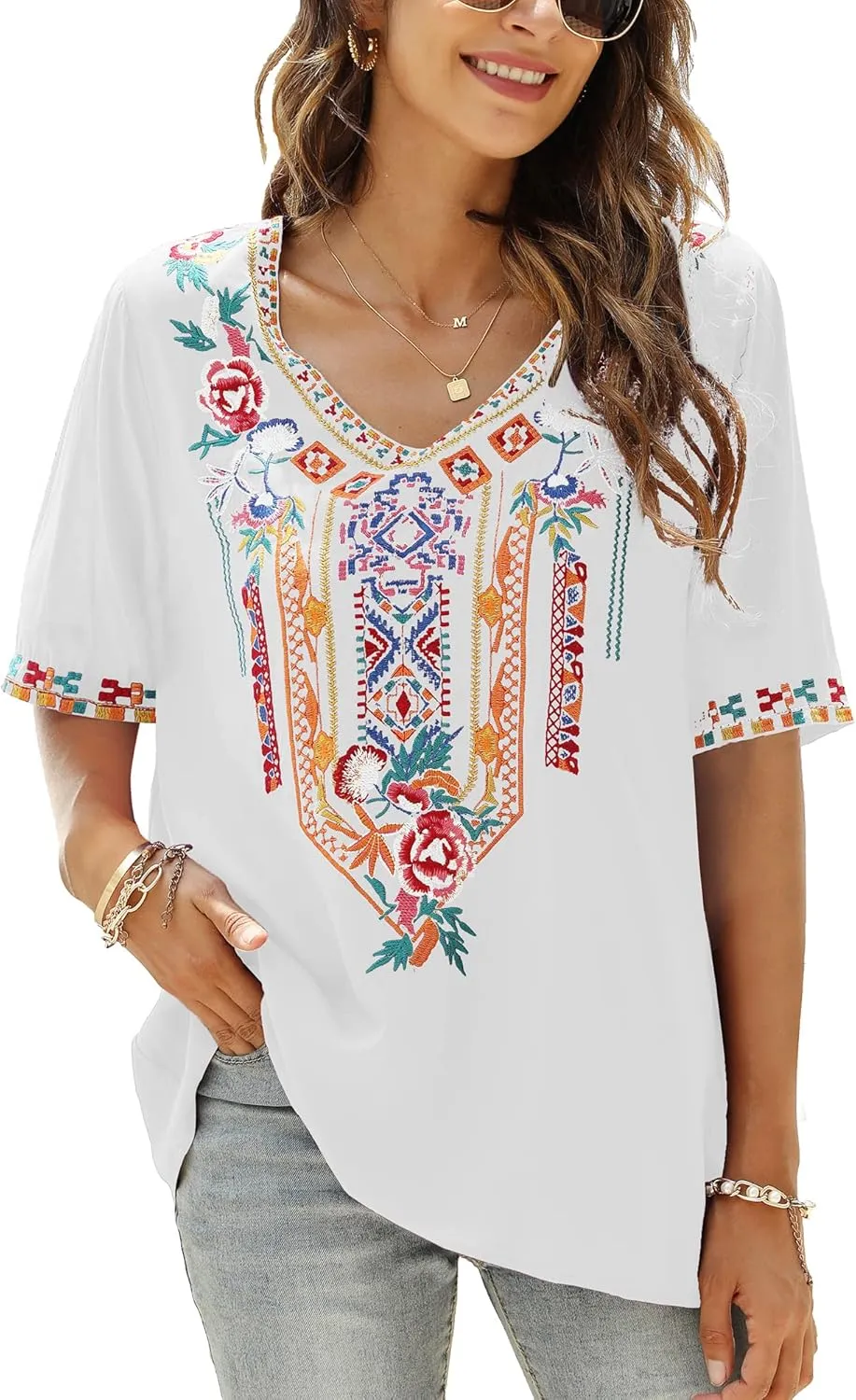 Mexican Embroidered Tops for Women Summer Short Sleeve Boho Shirts Peasant Blouses, Loose Fitting Bohemian Top Hippie Clothes