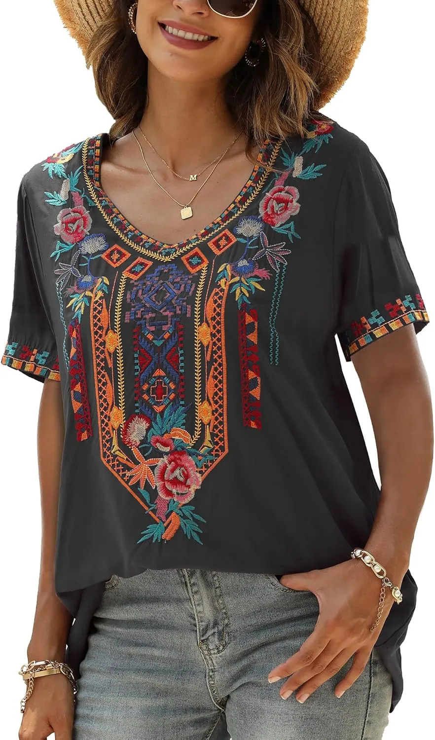 Mexican Embroidered Tops for Women Summer Short Sleeve Boho Shirts Peasant Blouses, Loose Fitting Bohemian Top Hippie Clothes