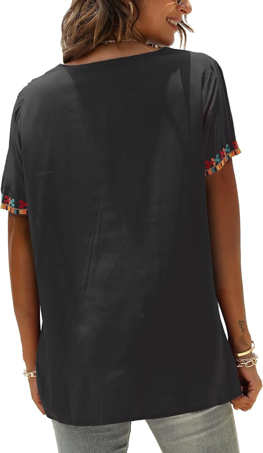 Mexican Embroidered Tops for Women Summer Short Sleeve Boho Shirts Peasant Blouses, Loose Fitting Bohemian Top Hippie Clothes