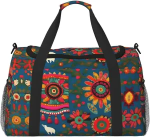 Mexican Folk Art Boho print Large Canvas Travel Duffel Bag Weekender Bags for Women Overnight Bag Carry On Tote Bag