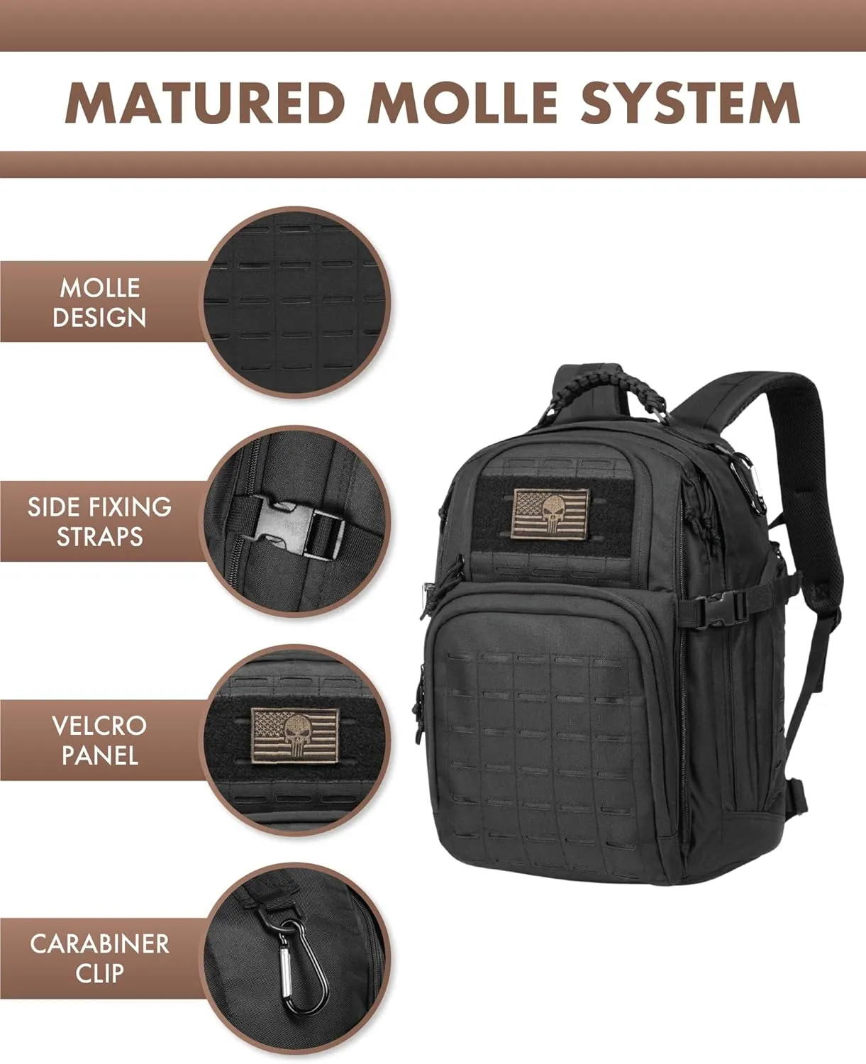 Military Tactical Backpack 40L for Men, Hiking Camping Molle EDC Daypack Army Assault Pack Lightweight Work Backpack with Water Bladder Compartment, Black