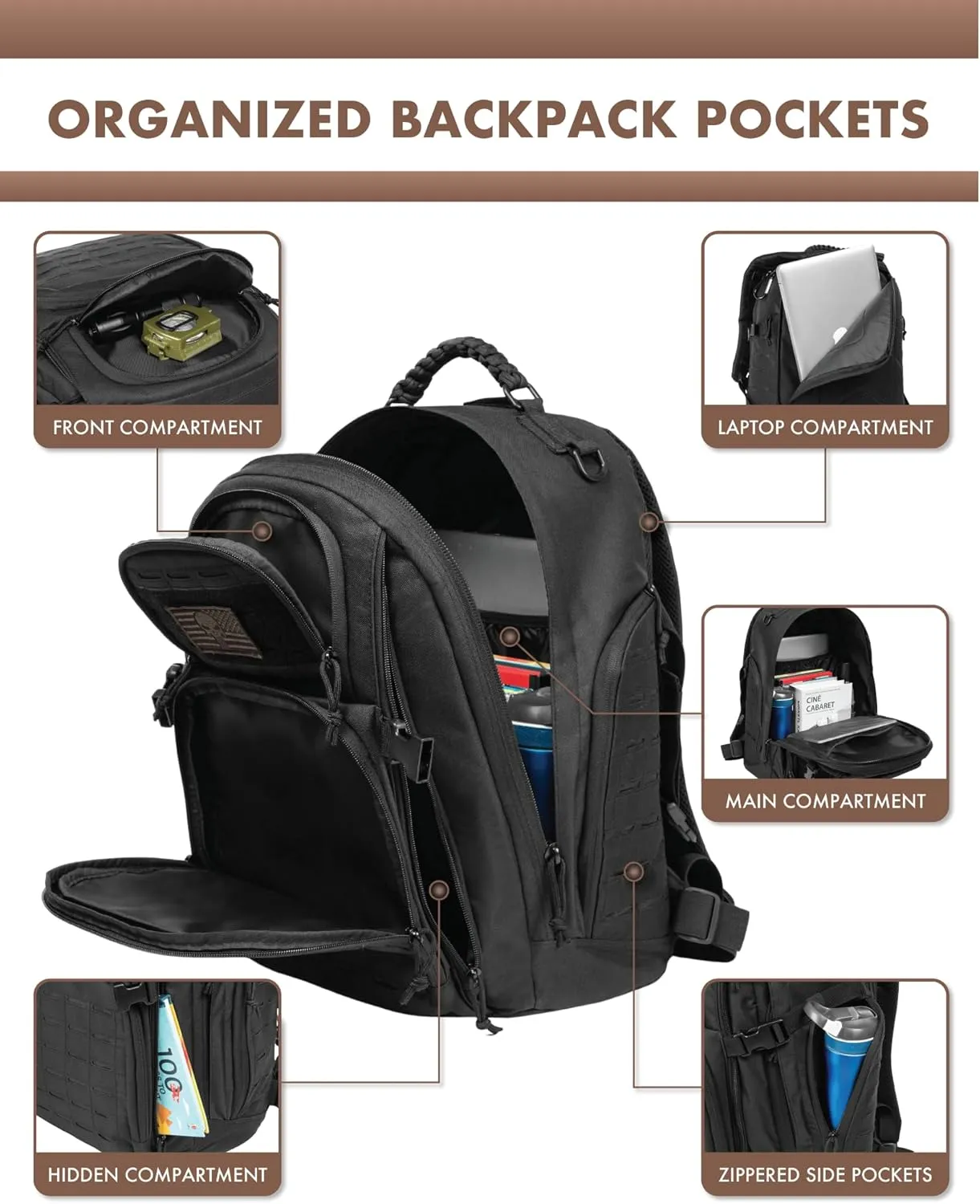 Military Tactical Backpack 40L for Men, Hiking Camping Molle EDC Daypack Army Assault Pack Lightweight Work Backpack with Water Bladder Compartment, Black