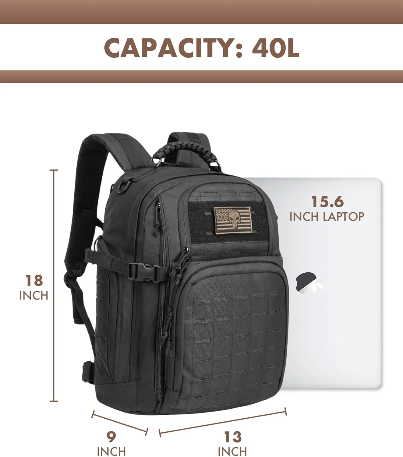 Military Tactical Backpack 40L for Men, Hiking Camping Molle EDC Daypack Army Assault Pack Lightweight Work Backpack with Water Bladder Compartment, Black