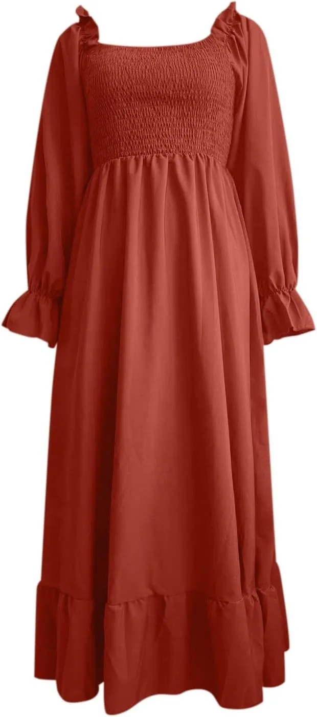 Milkmaid Dress Women Plus Size Dress 2025 Casual Long Sleeve Smocked Dress Square Neck High Waist Ruffle Tiered Midi Dresses