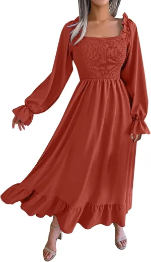 Milkmaid Dress Women Plus Size Dress 2025 Casual Long Sleeve Smocked Dress Square Neck High Waist Ruffle Tiered Midi Dresses