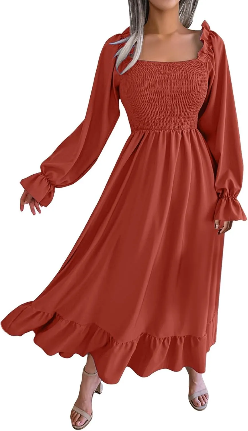 Milkmaid Dress Women Plus Size Dress 2025 Casual Long Sleeve Smocked Dress Square Neck High Waist Ruffle Tiered Midi Dresses