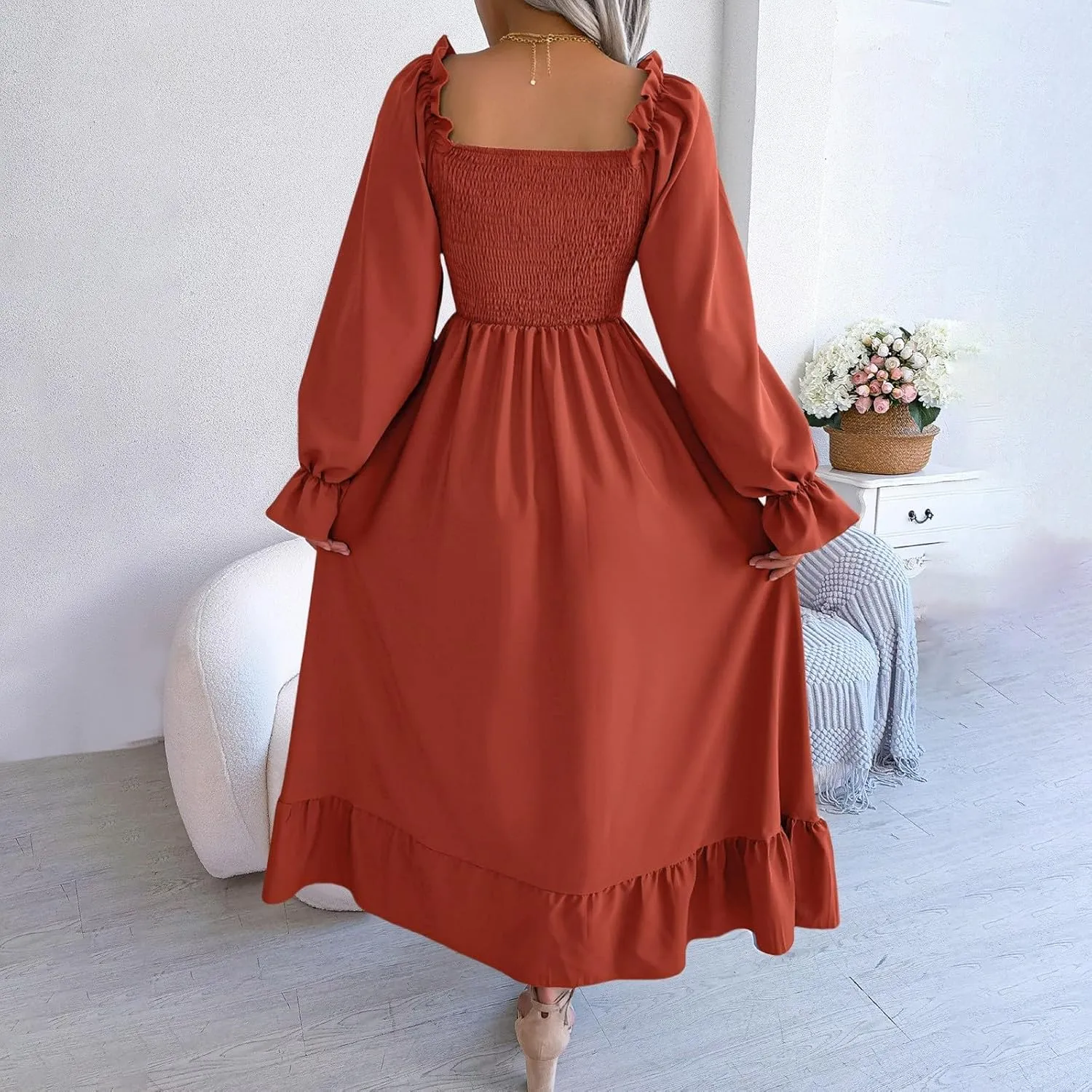Milkmaid Dress Women Plus Size Dress 2025 Casual Long Sleeve Smocked Dress Square Neck High Waist Ruffle Tiered Midi Dresses