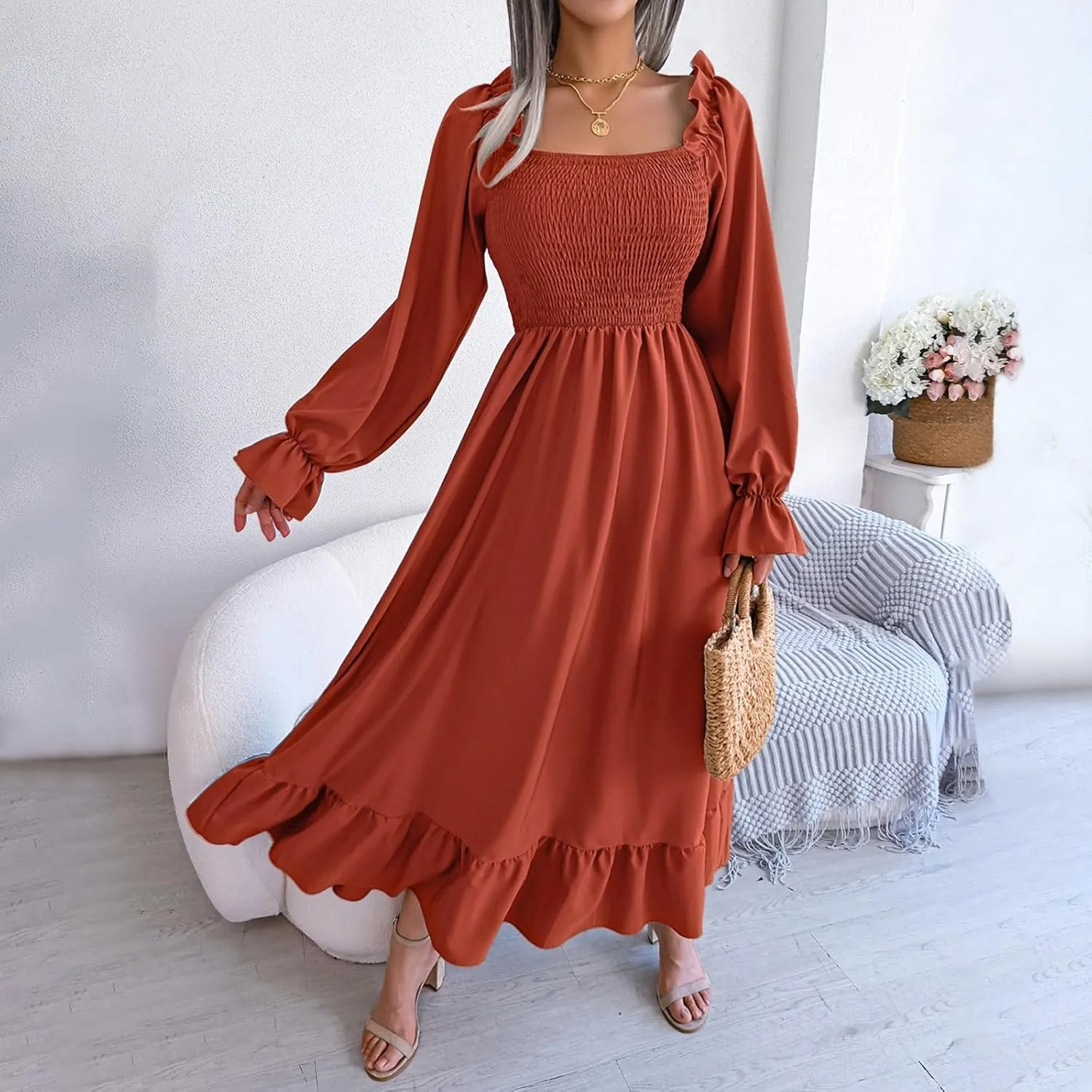 Milkmaid Dress Women Plus Size Dress 2025 Casual Long Sleeve Smocked Dress Square Neck High Waist Ruffle Tiered Midi Dresses