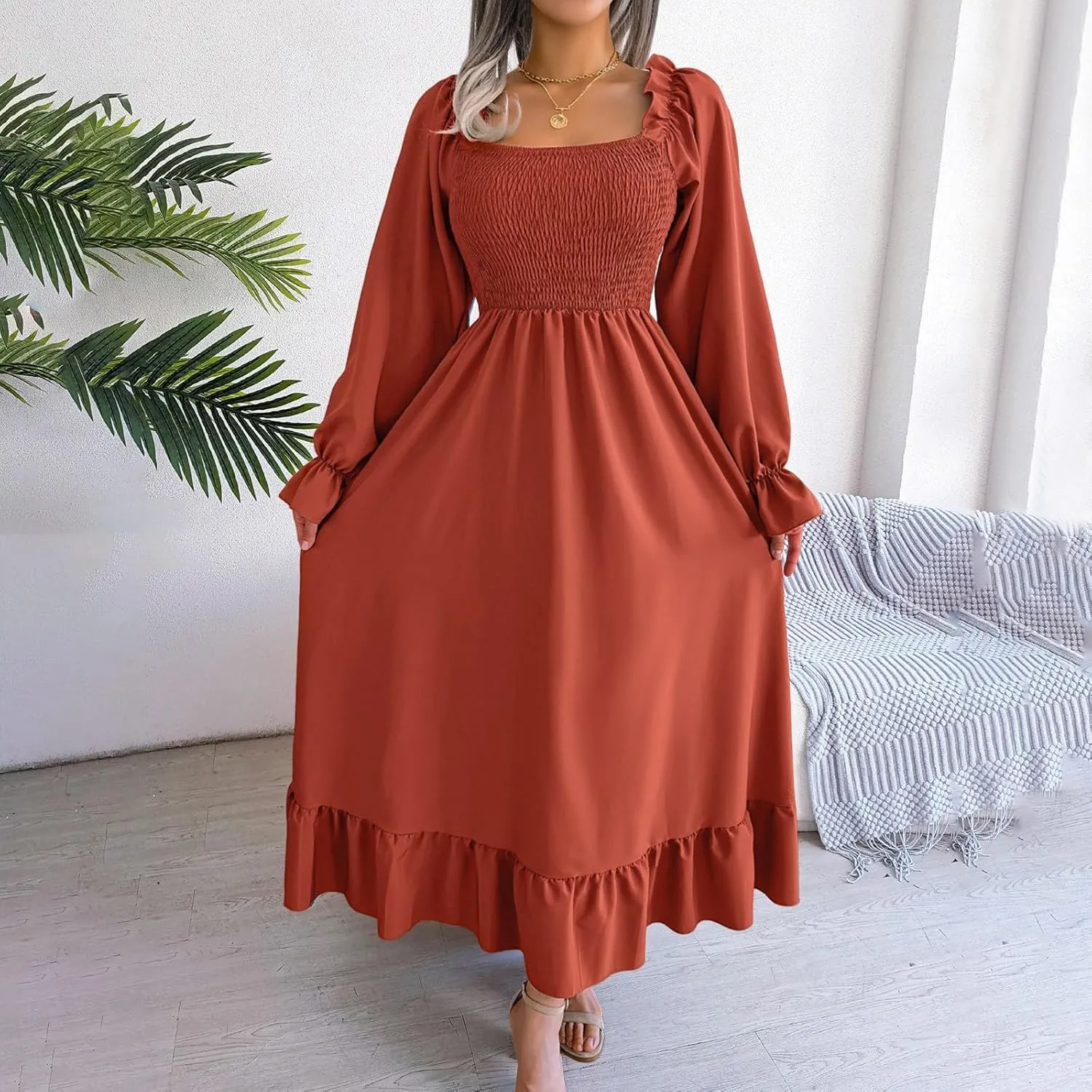 Milkmaid Dress Women Plus Size Dress 2025 Casual Long Sleeve Smocked Dress Square Neck High Waist Ruffle Tiered Midi Dresses