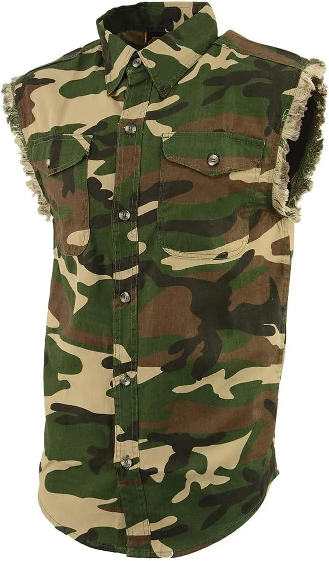 Milwaukee Leather DM4010 Men's Camo Lightweight Denim Shirt with Vintage and Frayed Sleeveless Look