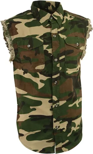 Milwaukee Leather DM4010 Men's Camo Lightweight Denim Shirt with Vintage and Frayed Sleeveless Look