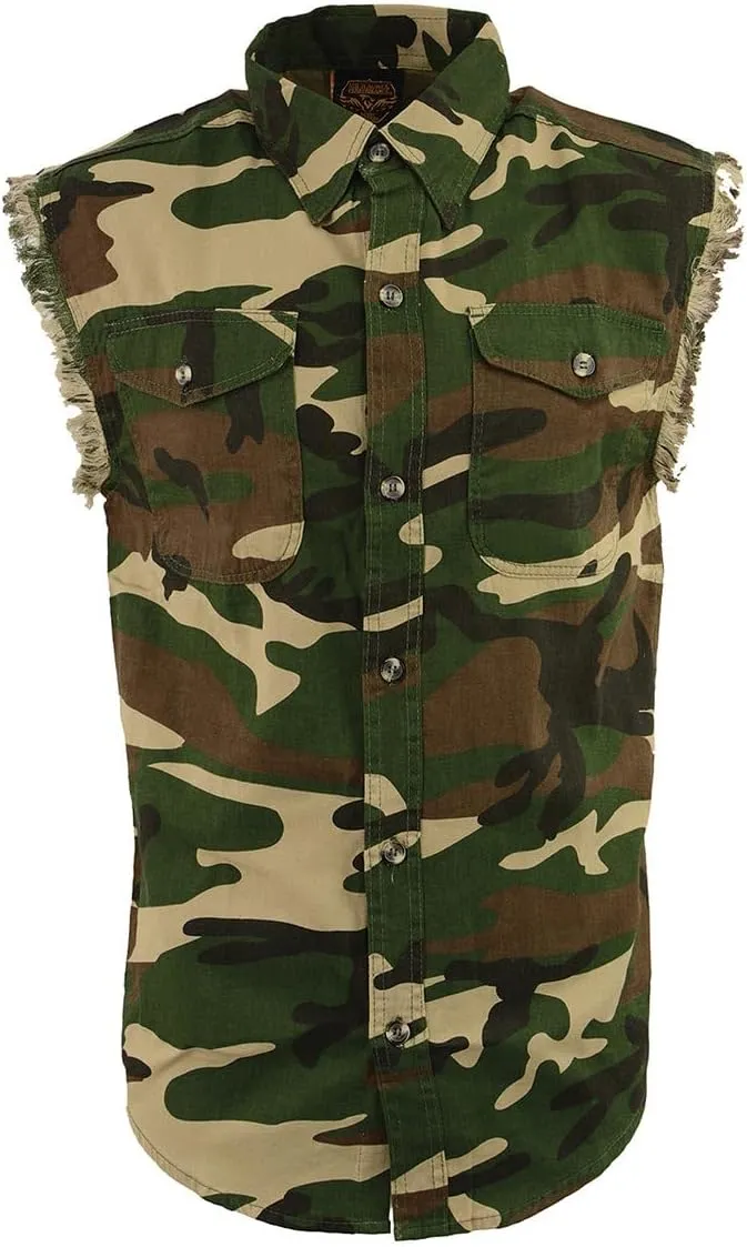 Milwaukee Leather DM4010 Men's Camo Lightweight Denim Shirt with Vintage and Frayed Sleeveless Look