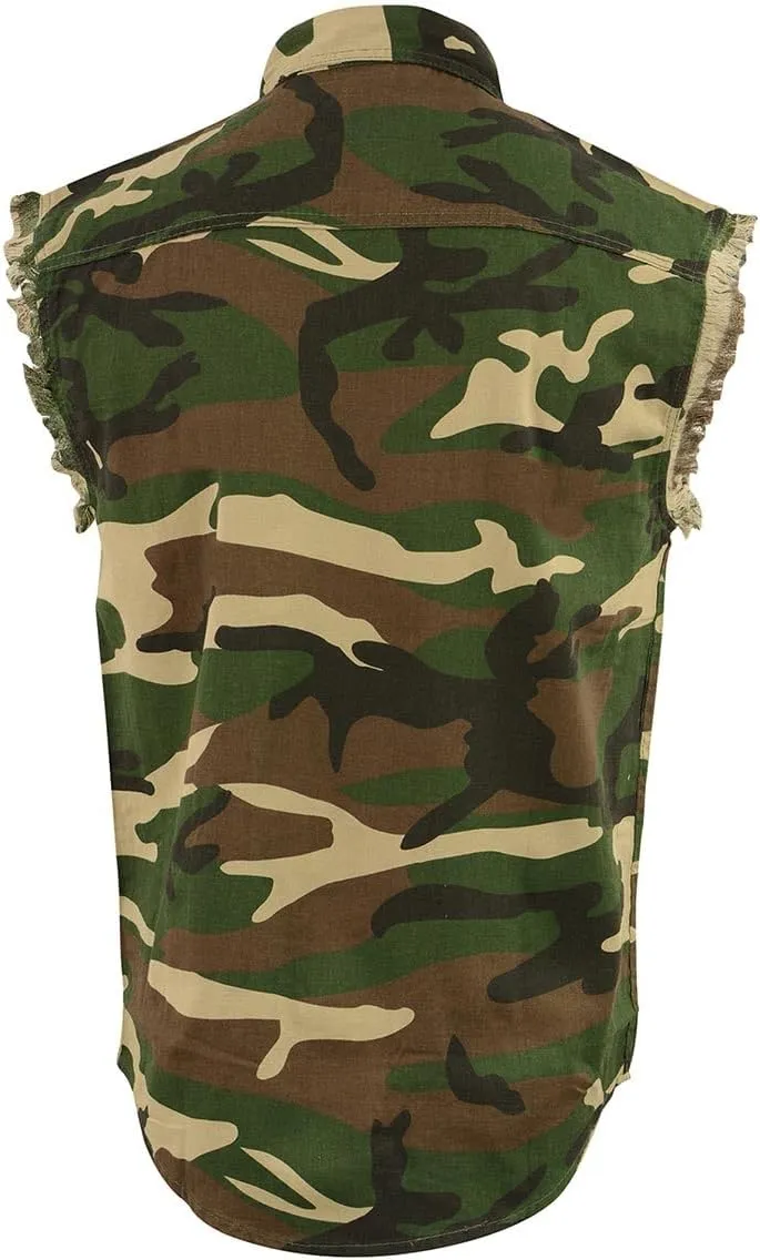 Milwaukee Leather DM4010 Men's Camo Lightweight Denim Shirt with Vintage and Frayed Sleeveless Look