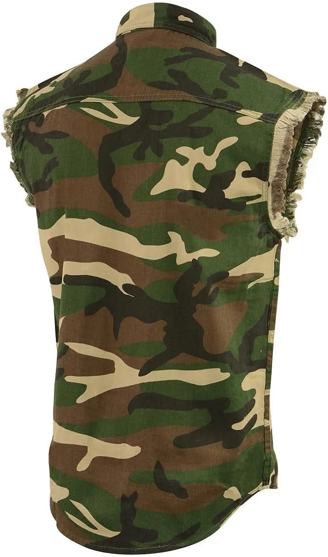 Milwaukee Leather DM4010 Men's Camo Lightweight Denim Shirt with Vintage and Frayed Sleeveless Look