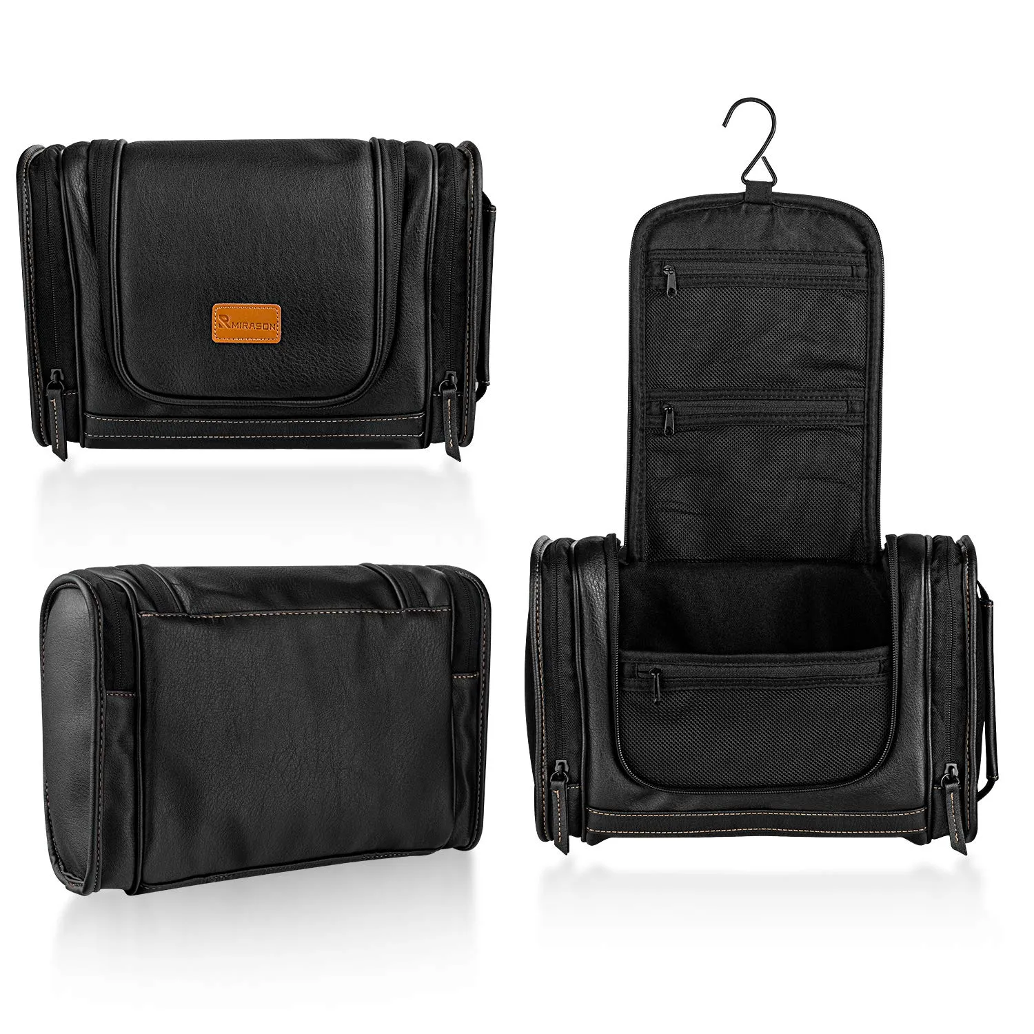 MIRASON Hanging Toiletry Bag for Men Dopp Kit Waterproof Leather Travel Organizer Bag with Sturdy Metal Hook and Handle for Bathroom Shower Cosmetics Camping Gift for Men (Black)