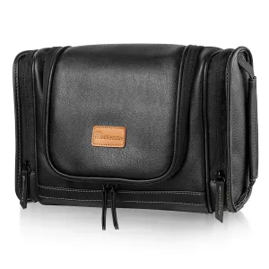 MIRASON Hanging Toiletry Bag for Men Dopp Kit Waterproof Leather Travel Organizer Bag with Sturdy Metal Hook and Handle for Bathroom Shower Cosmetics Camping Gift for Men (Black)