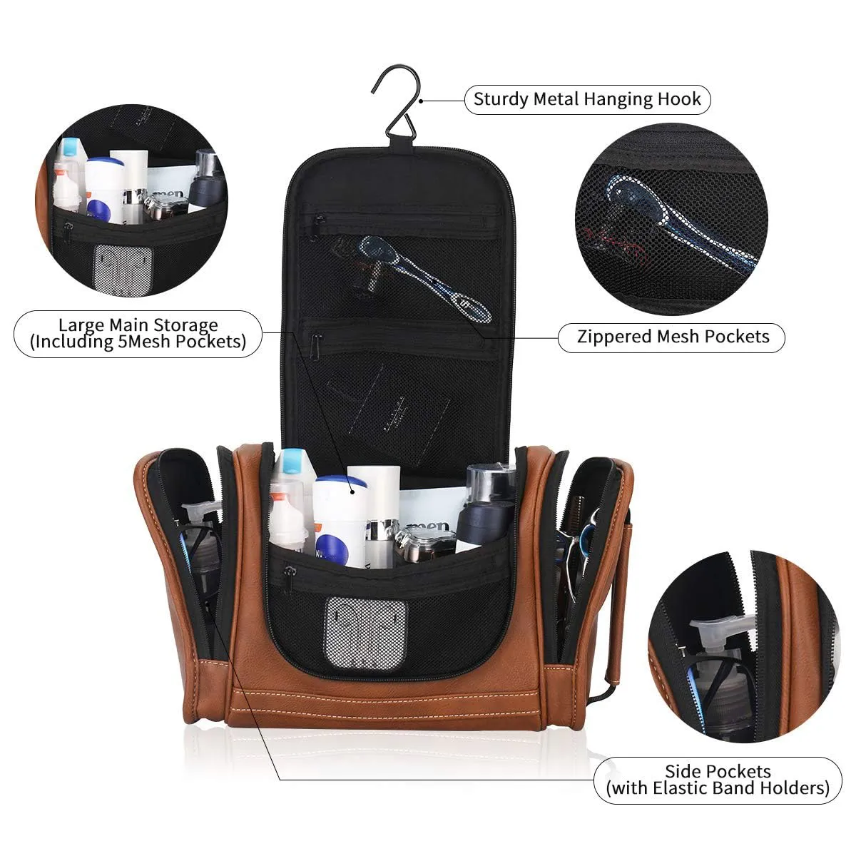 MIRASON Hanging Toiletry Bag for Men Dopp Kit Waterproof Travel Organizer Bag with Sturdy Metal Hook and Handle for Bathroom Shower Cosmetics Camping Brushes Shaving (Brown)