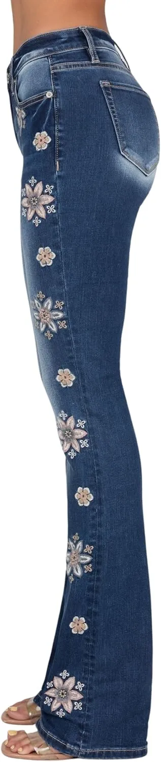 Miss Me Women's Falling Flowers Mid-Rise Bootcut Jeans