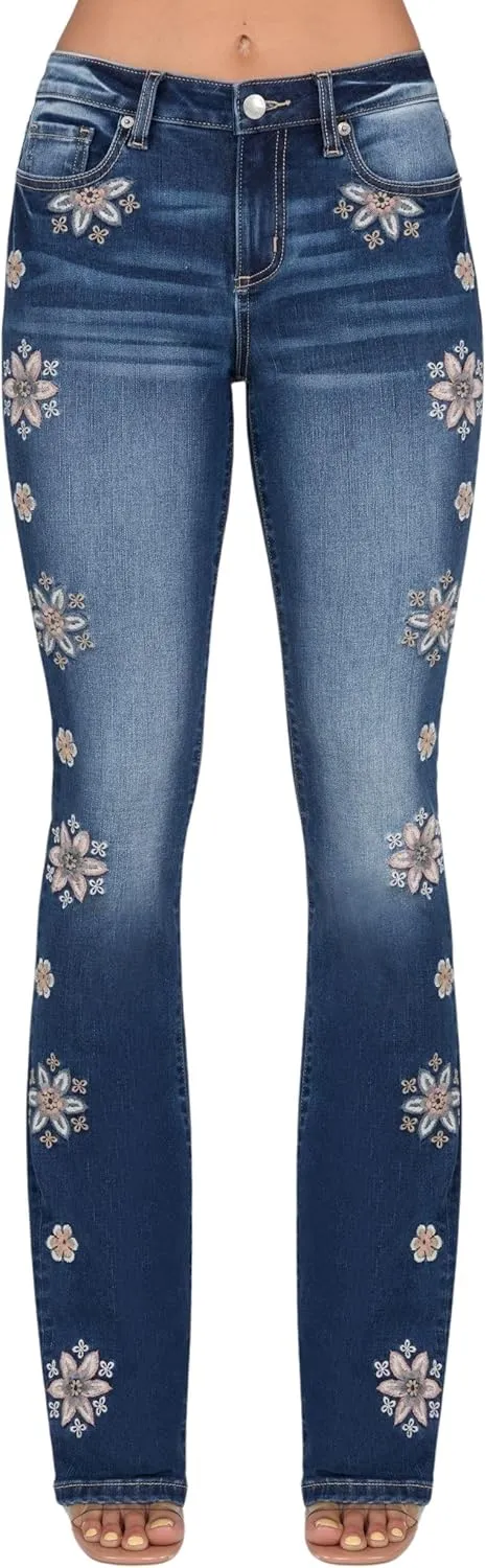 Miss Me Women's Falling Flowers Mid-Rise Bootcut Jeans