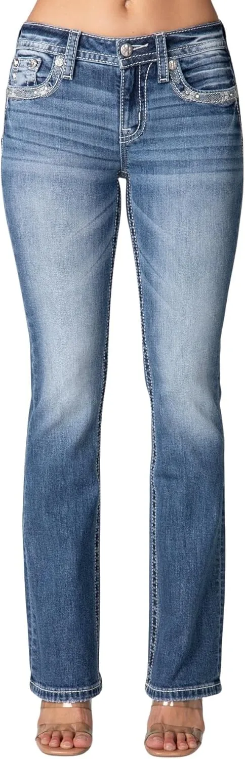 Miss Me Women's Metallic Border Faux Flap Pocket Mid-Rise Bootcut Jeans