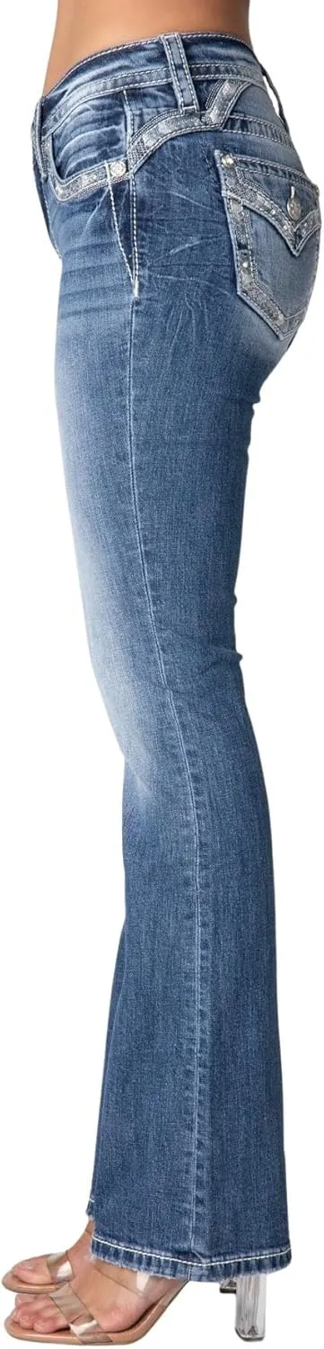 Miss Me Women's Metallic Border Faux Flap Pocket Mid-Rise Bootcut Jeans