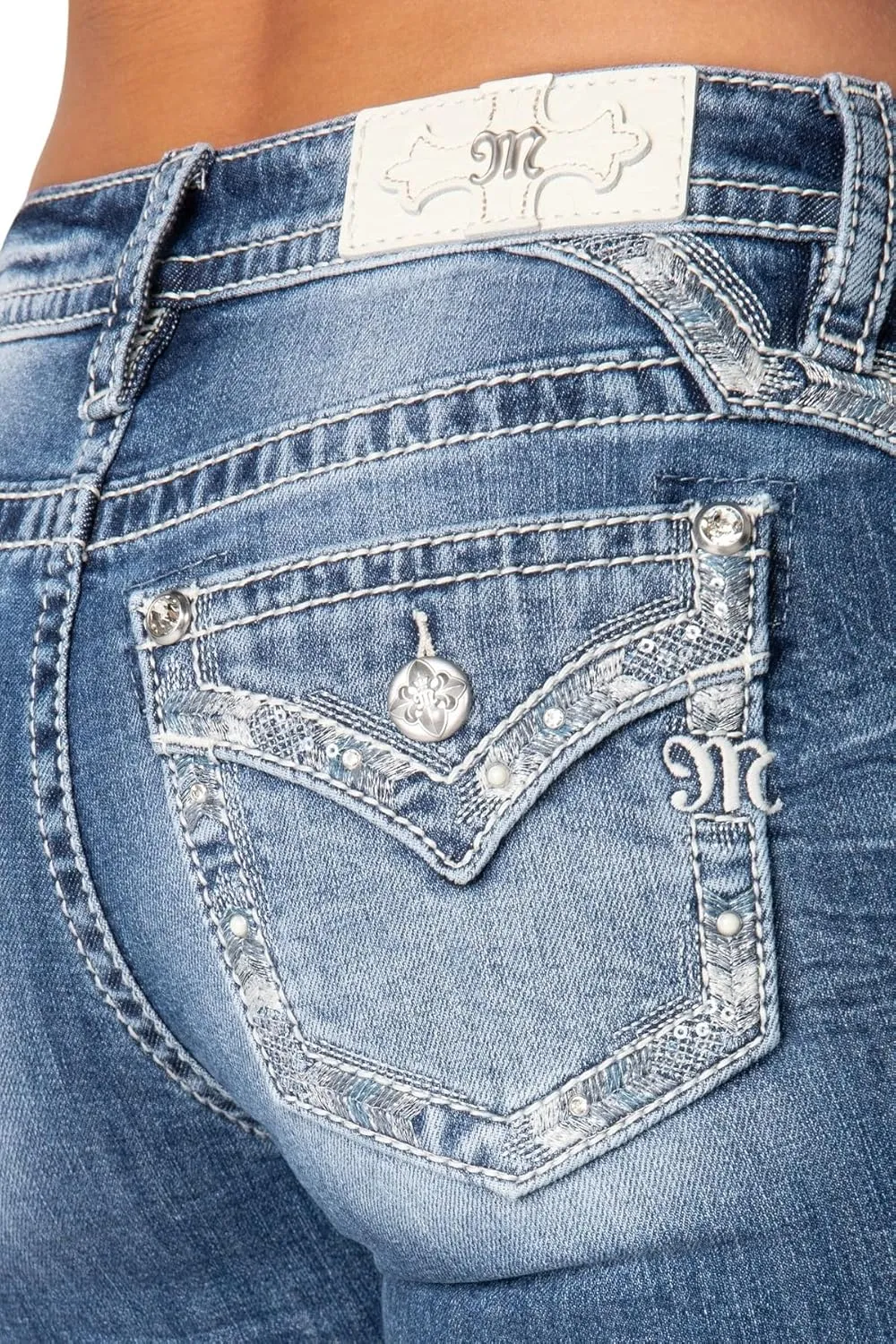 Miss Me Women's Metallic Border Faux Flap Pocket Mid-Rise Bootcut Jeans