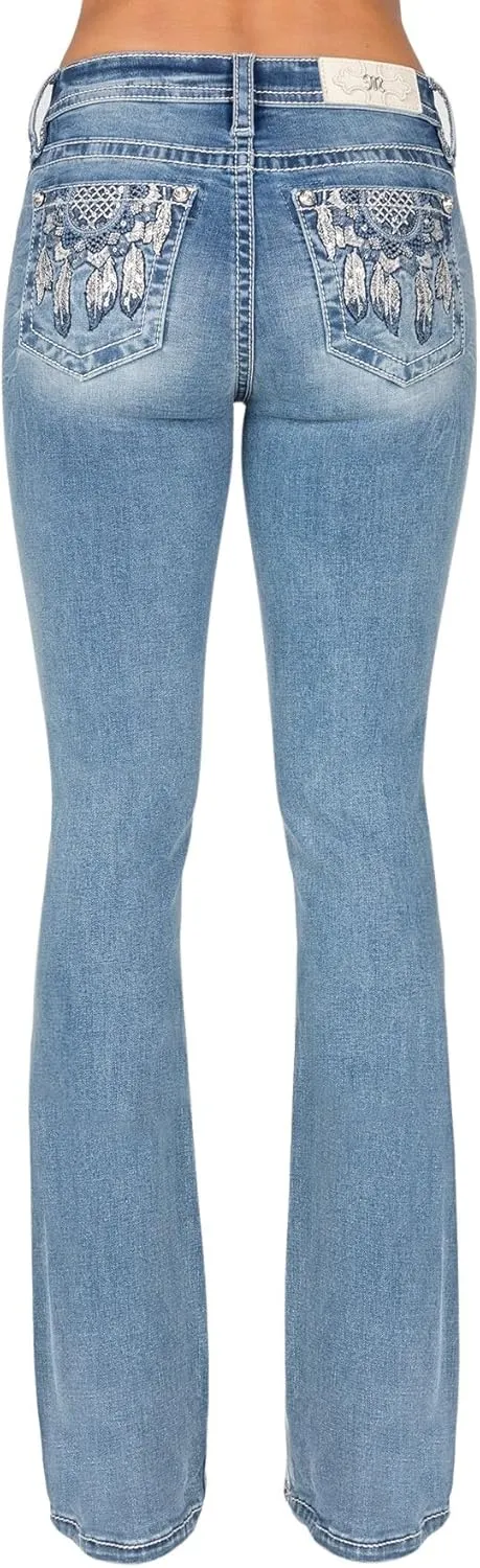 Miss Me Women's Mid-Rise Bootcut Jeans, Metallic Silver and Blue Dreamcatcher, Stretch Denim