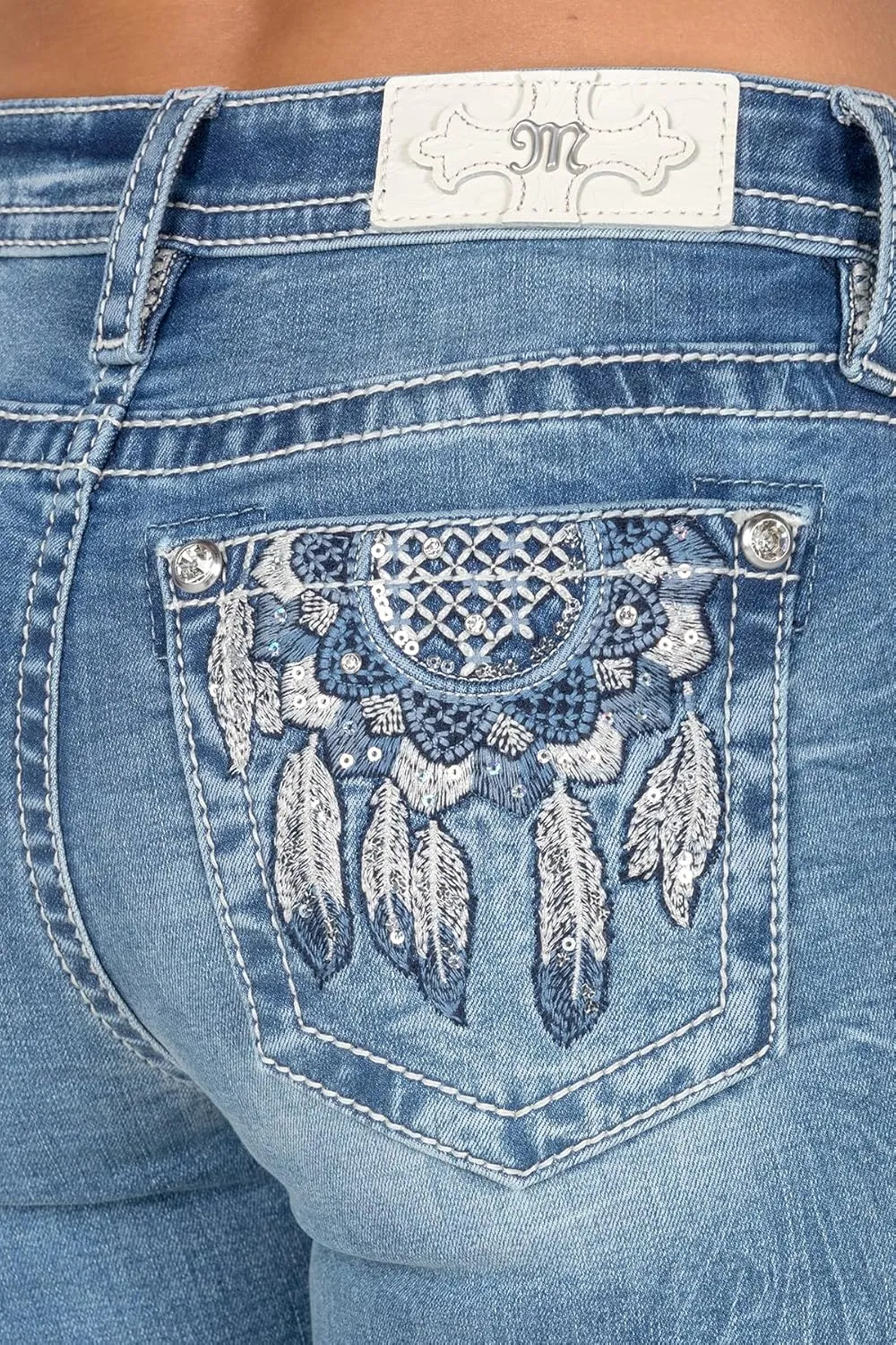 Miss Me Women's Mid-Rise Bootcut Jeans, Metallic Silver and Blue Dreamcatcher, Stretch Denim