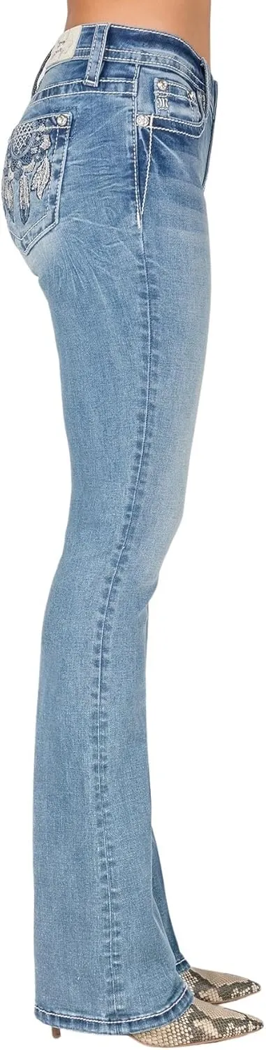 Miss Me Women's Mid-Rise Bootcut Jeans, Metallic Silver and Blue Dreamcatcher, Stretch Denim